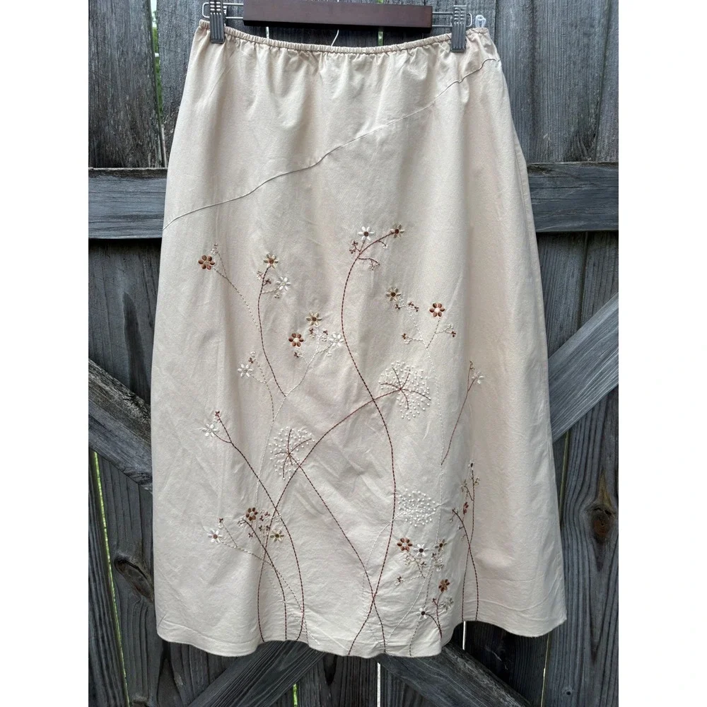 VTG Norton McNaughton‎ Tan Beige Floral Embroidered Midi Skirt XL W2004175
